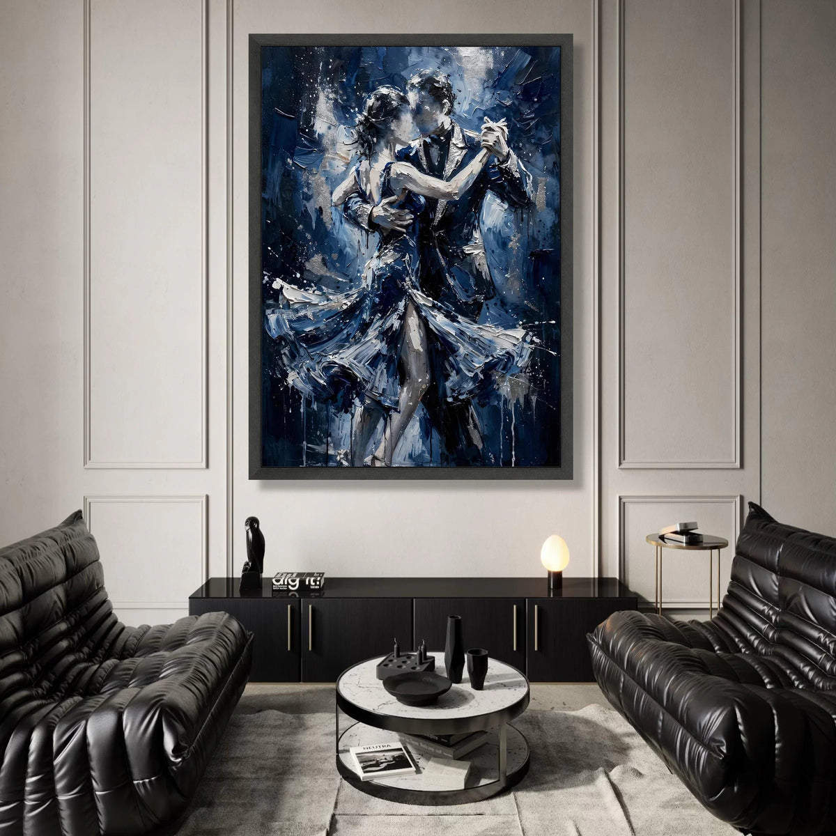 Romantic Dance Couple Canvas, Evening Dance Scene, Blue Palette Wall Art, Modern Couple Painting, Elegant Home Decoration Canvas Print Art