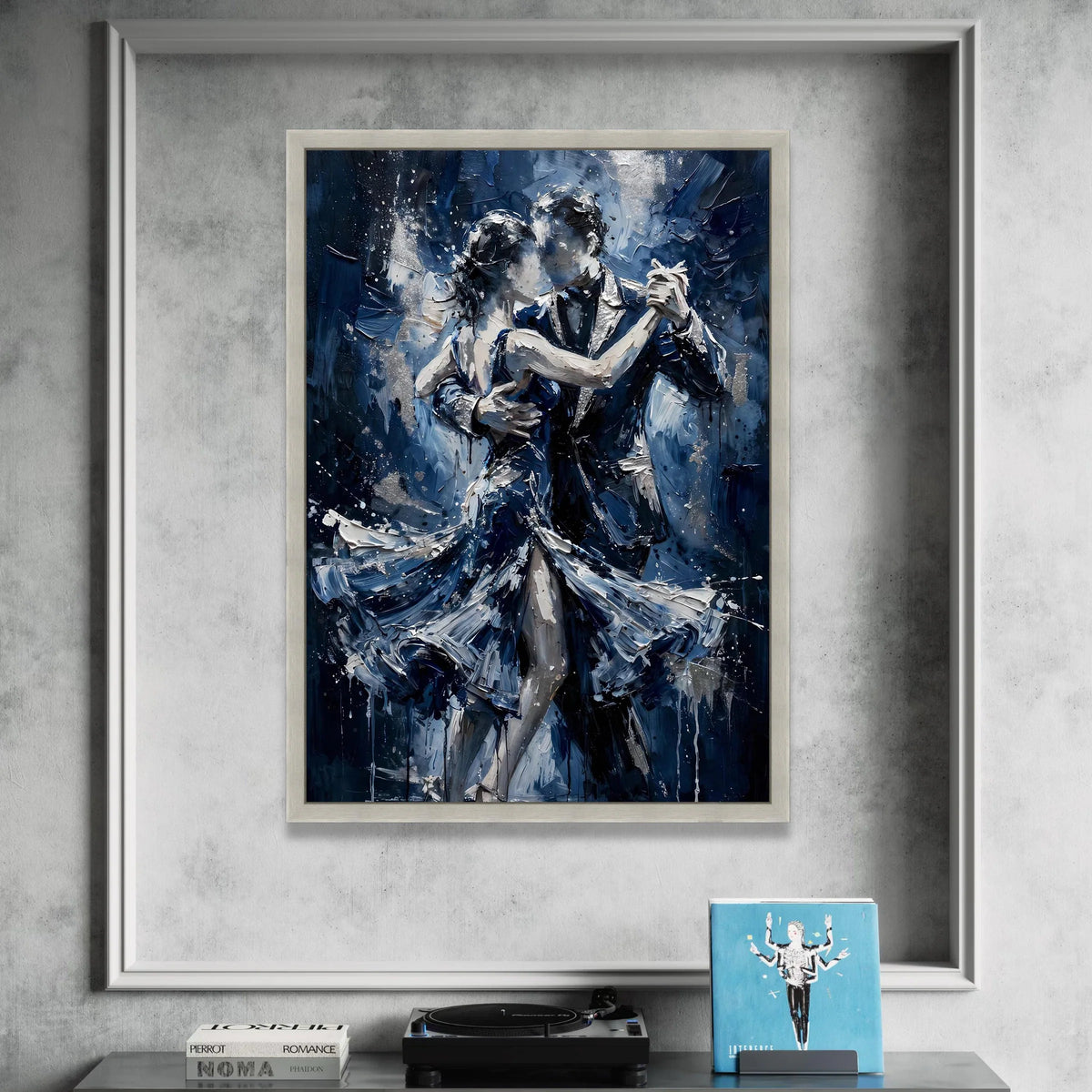 Romantic Dance Couple Canvas, Evening Dance Scene, Blue Palette Wall Art, Modern Couple Painting, Elegant Home Decoration Canvas Print Art