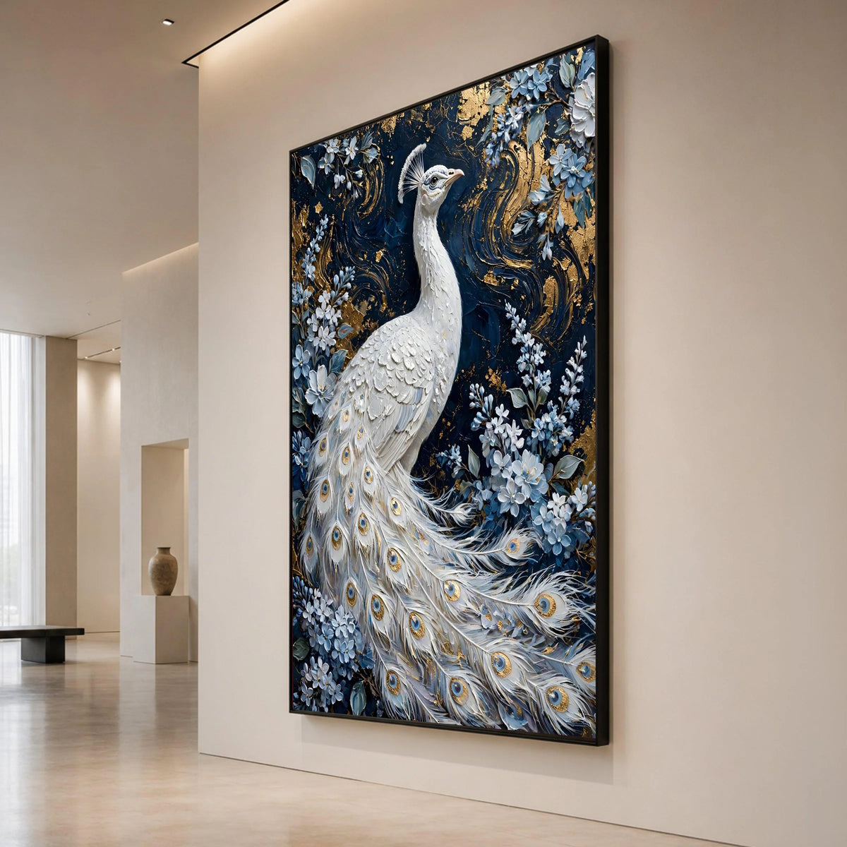 Elegant White Peacock Canvas Wall Art, Floral Bird Painting, Blue and Gold Nature Canvas, Luxury Home Decor, Ready to Hang Canvas Print Art