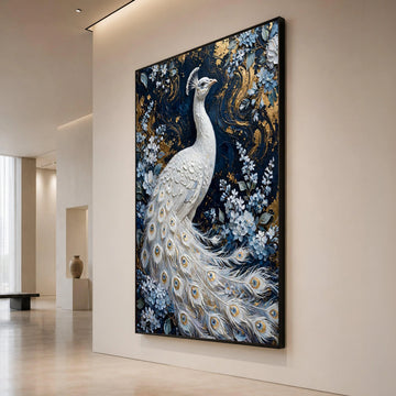 Elegant White Peacock Canvas Wall Art, Floral Bird Painting, Blue and Gold Nature Canvas, Luxury Home Decor, Ready to Hang Canvas Print Art