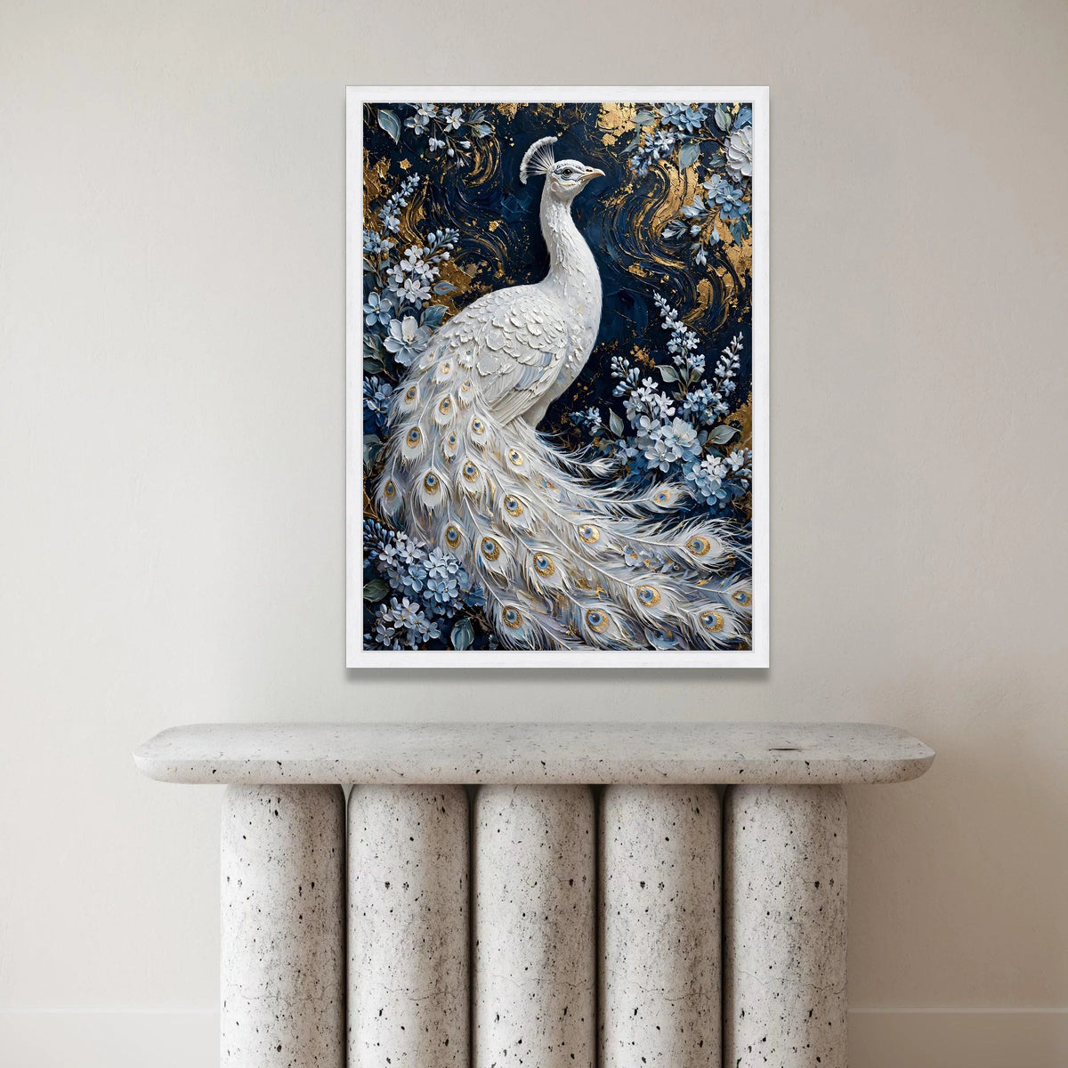 Elegant White Peacock Canvas Wall Art, Floral Bird Painting, Blue and Gold Nature Canvas, Luxury Home Decor, Ready to Hang Canvas Print Art