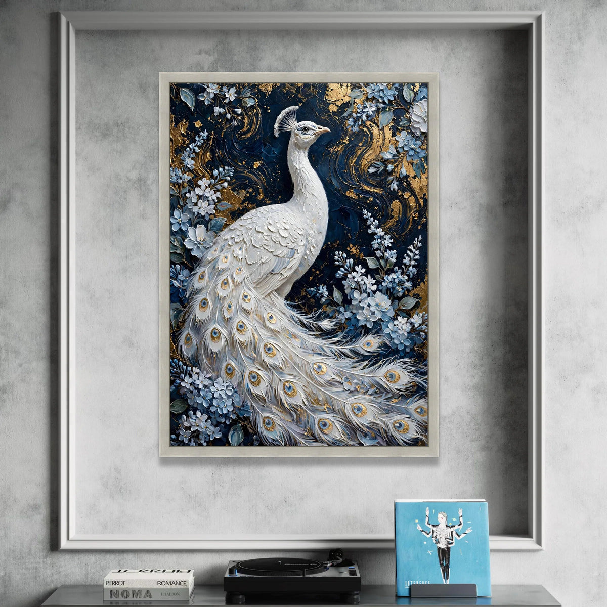 Elegant White Peacock Canvas Wall Art, Floral Bird Painting, Blue and Gold Nature Canvas, Luxury Home Decor, Ready to Hang Canvas Print Art