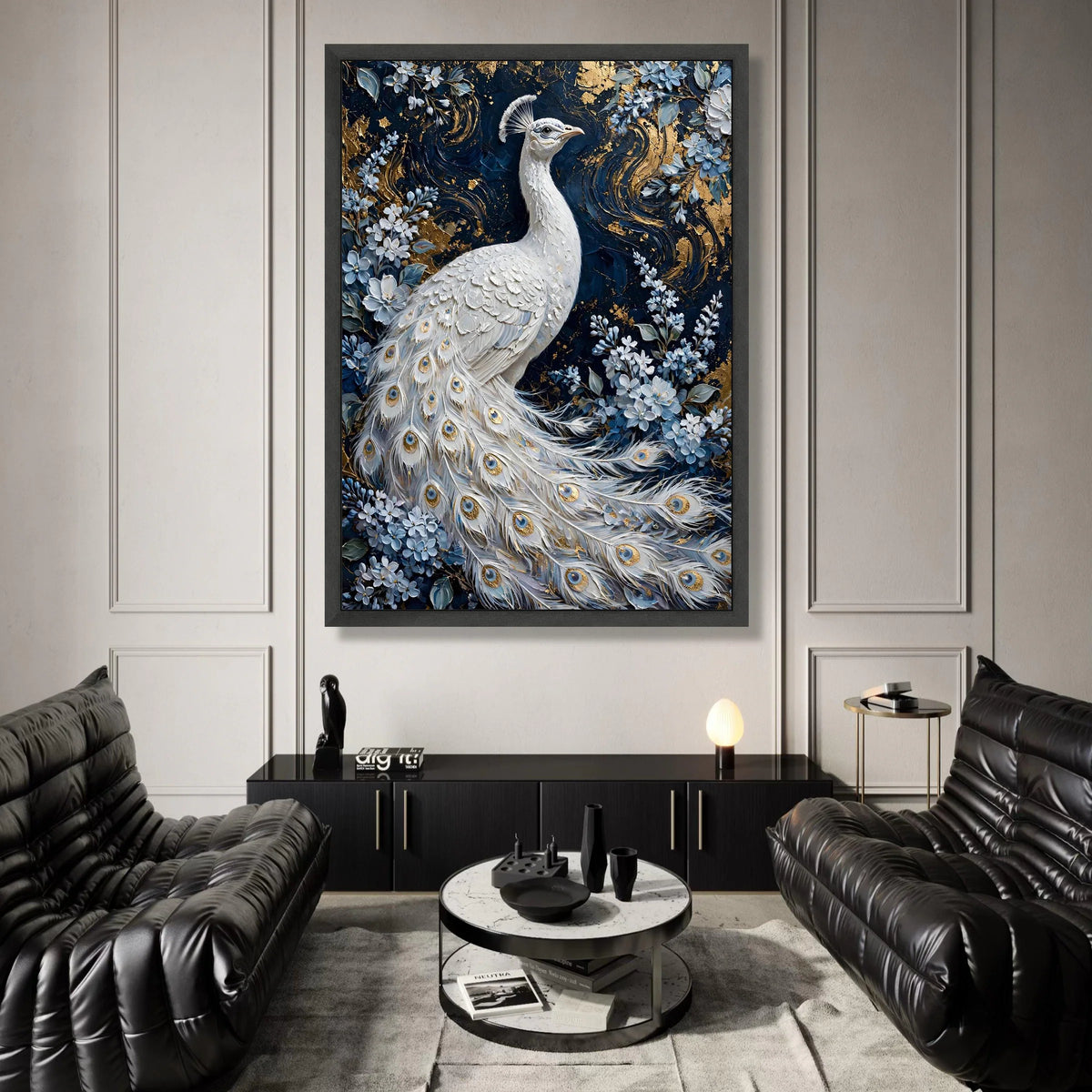 Elegant White Peacock Canvas Wall Art, Floral Bird Painting, Blue and Gold Nature Canvas, Luxury Home Decor, Ready to Hang Canvas Print Art