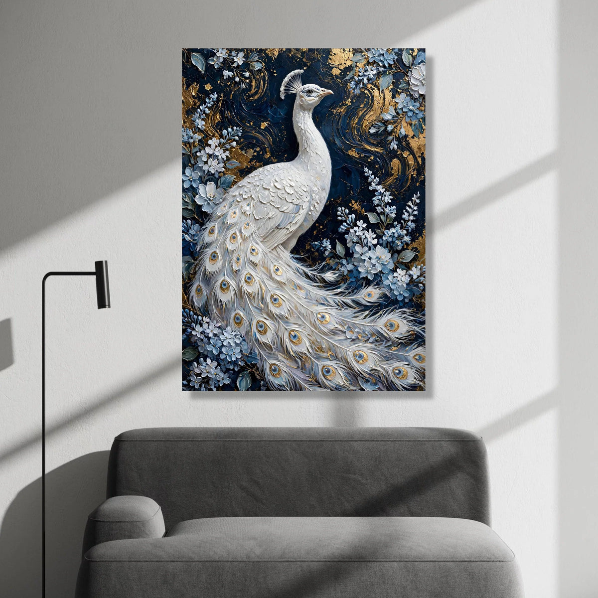 Elegant White Peacock Canvas Wall Art, Floral Bird Painting, Blue and Gold Nature Canvas, Luxury Home Decor, Ready to Hang Canvas Print Art