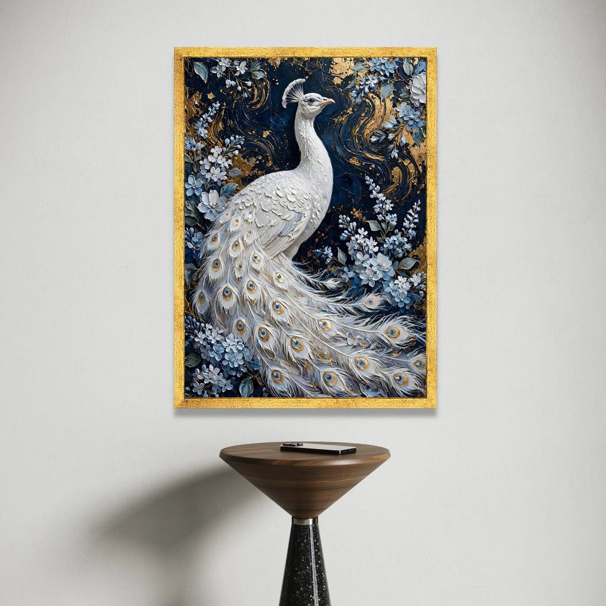 Elegant White Peacock Canvas Wall Art, Floral Bird Painting, Blue and Gold Nature Canvas, Luxury Home Decor, Ready to Hang Canvas Print Art