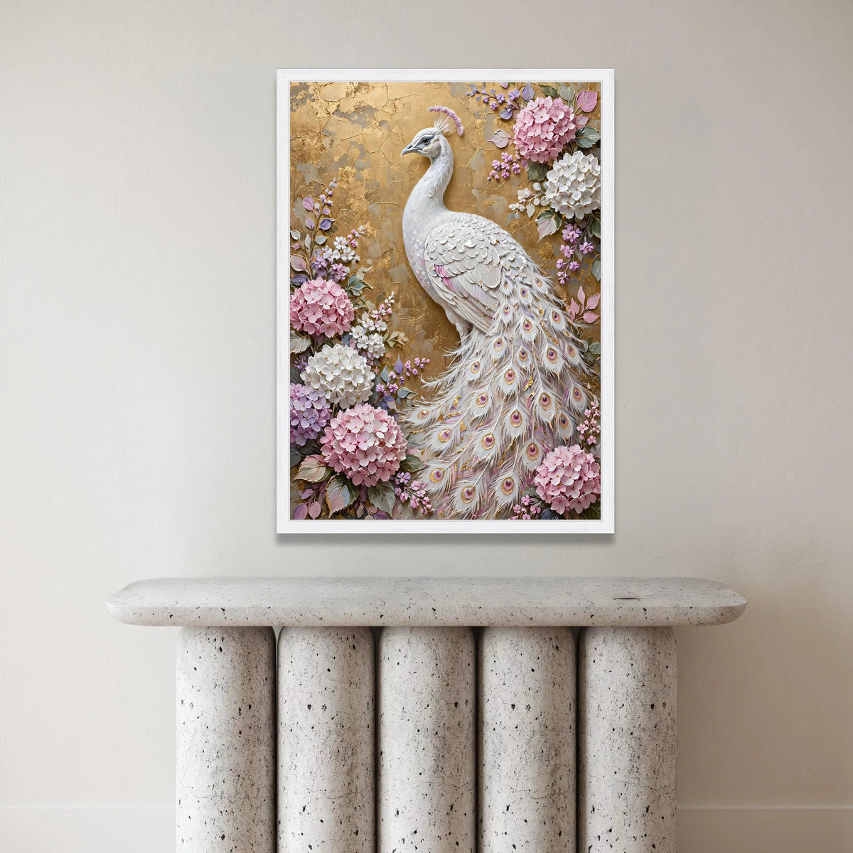 Elegant White Peacock Canvas Wall Art, Floral Hydrangea Design, Decorative Bird Illustration, Nature Home Decor, Ready to Canvas Print Art