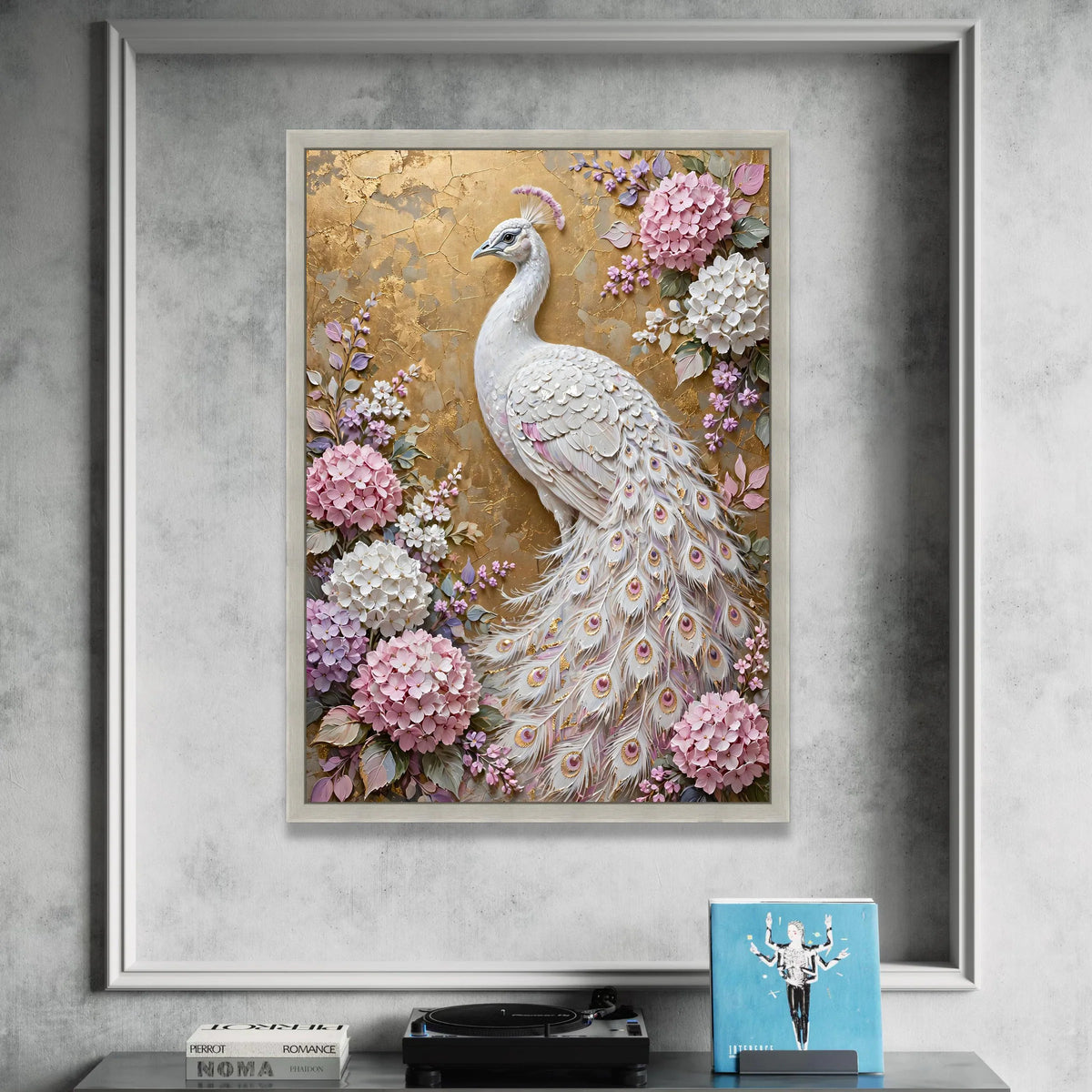 Elegant White Peacock Canvas Wall Art, Floral Hydrangea Design, Decorative Bird Illustration, Nature Home Decor, Ready to Canvas Print Art