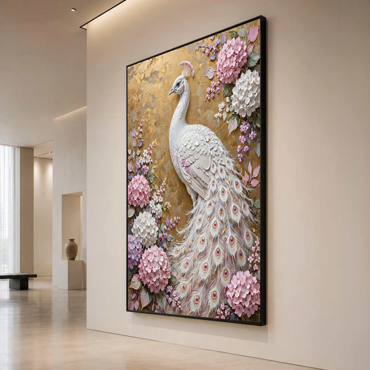 Elegant White Peacock Canvas Wall Art, Floral Hydrangea Design, Decorative Bird Illustration, Nature Home Decor, Ready to Canvas Print Art