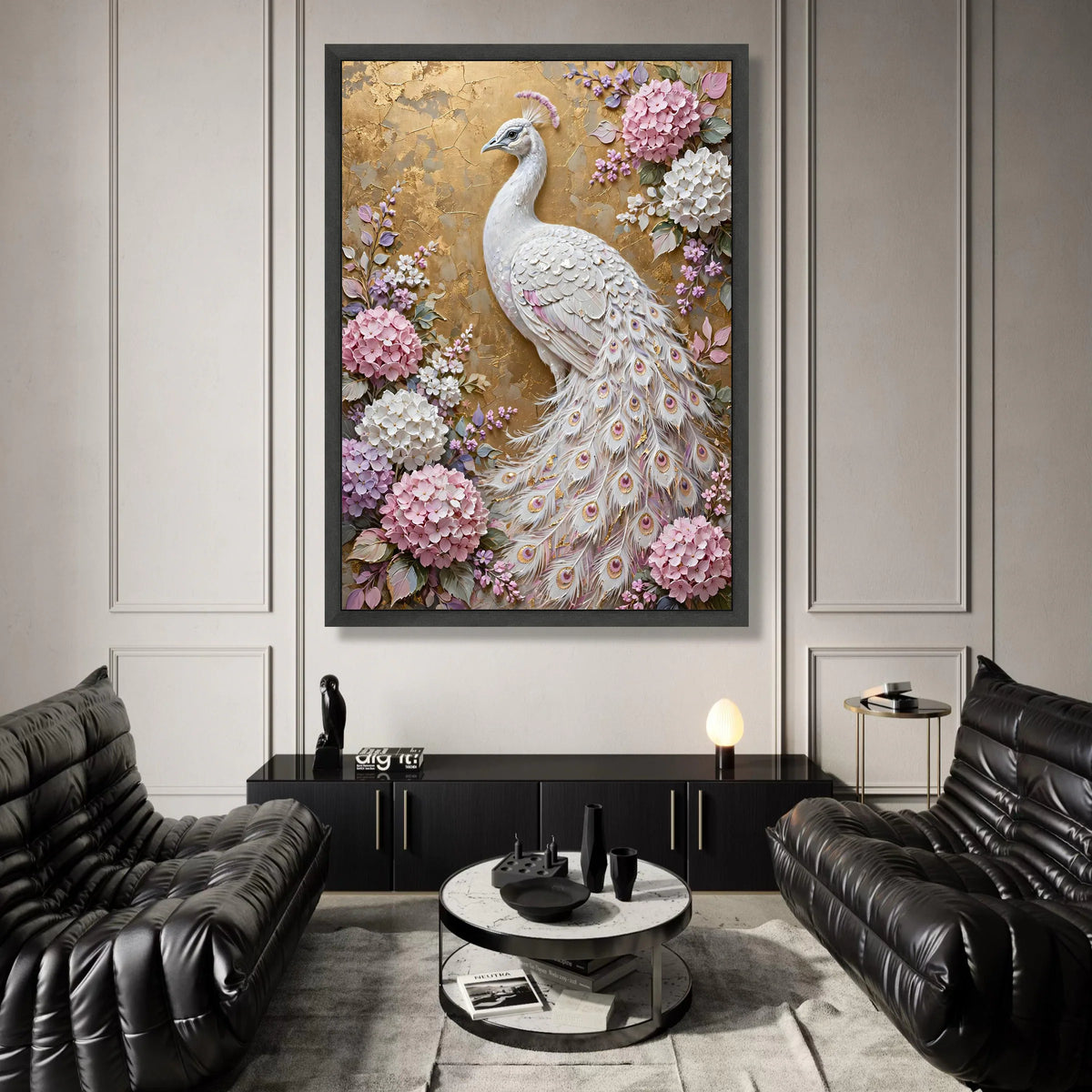 Elegant White Peacock Canvas Wall Art, Floral Hydrangea Design, Decorative Bird Illustration, Nature Home Decor, Ready to Canvas Print Art