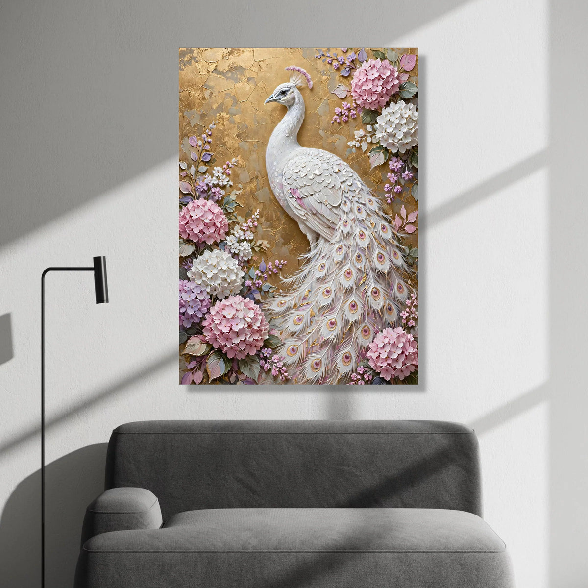Elegant White Peacock Canvas Wall Art, Floral Hydrangea Design, Decorative Bird Illustration, Nature Home Decor, Ready to Canvas Print Art