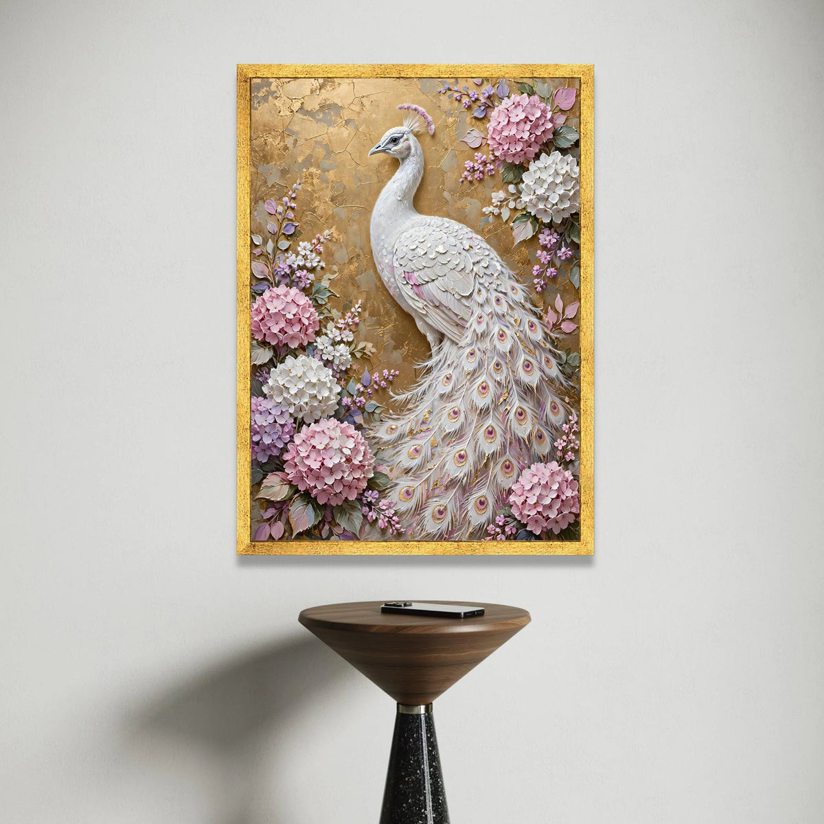 Elegant White Peacock Canvas Wall Art, Floral Hydrangea Design, Decorative Bird Illustration, Nature Home Decor, Ready to Canvas Print Art