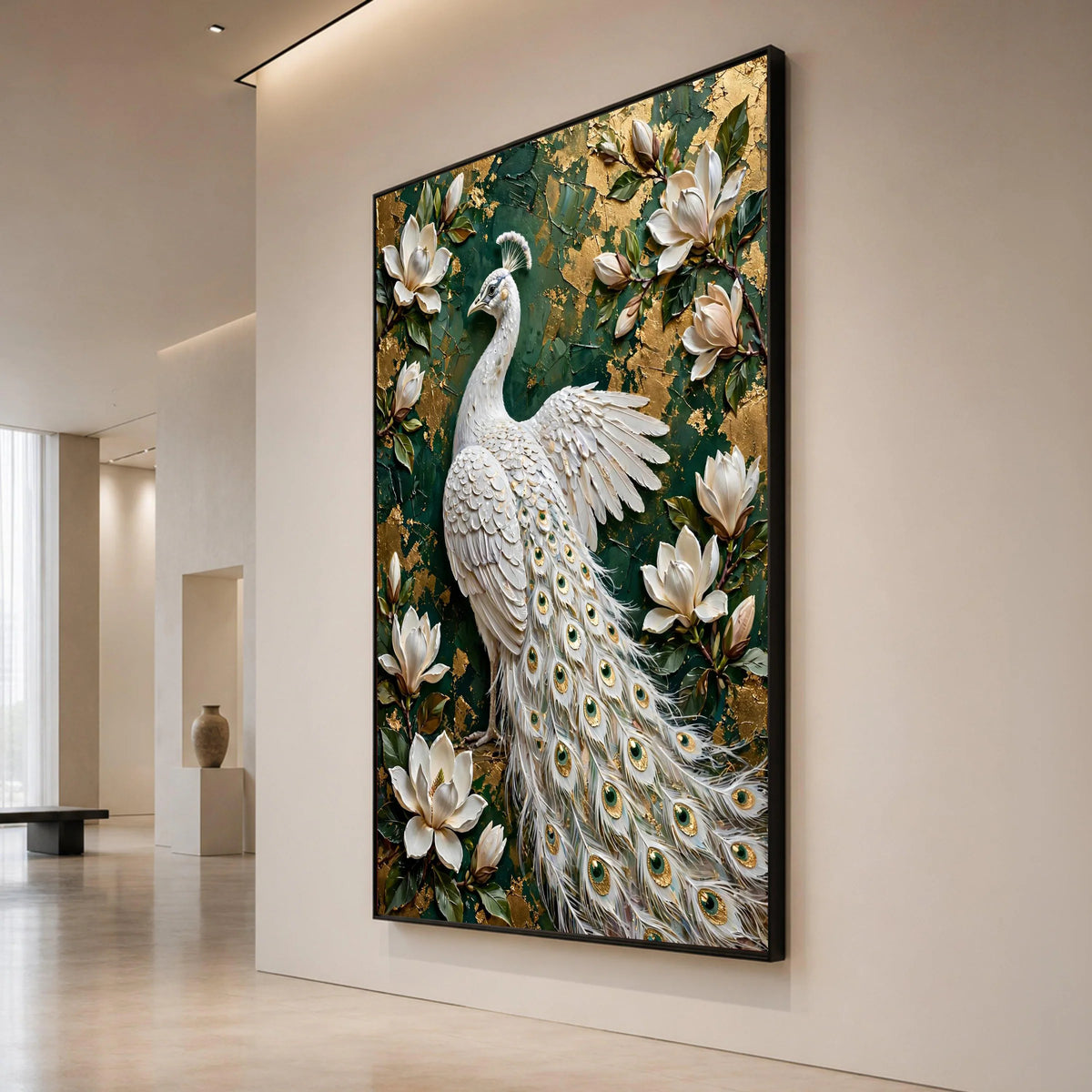 Elegant White Peacock Canvas Wall Art, Floral Magnolia Flowers, Green and Gold Background, Luxury Home Decoration, Ready to Canvas Print Art