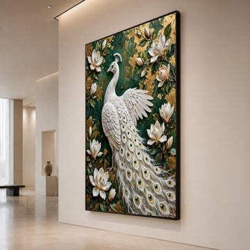 Elegant White Peacock Canvas Wall Art, Floral Magnolia Flowers, Green and Gold Background, Luxury Home Decoration, Ready to Canvas Print Art