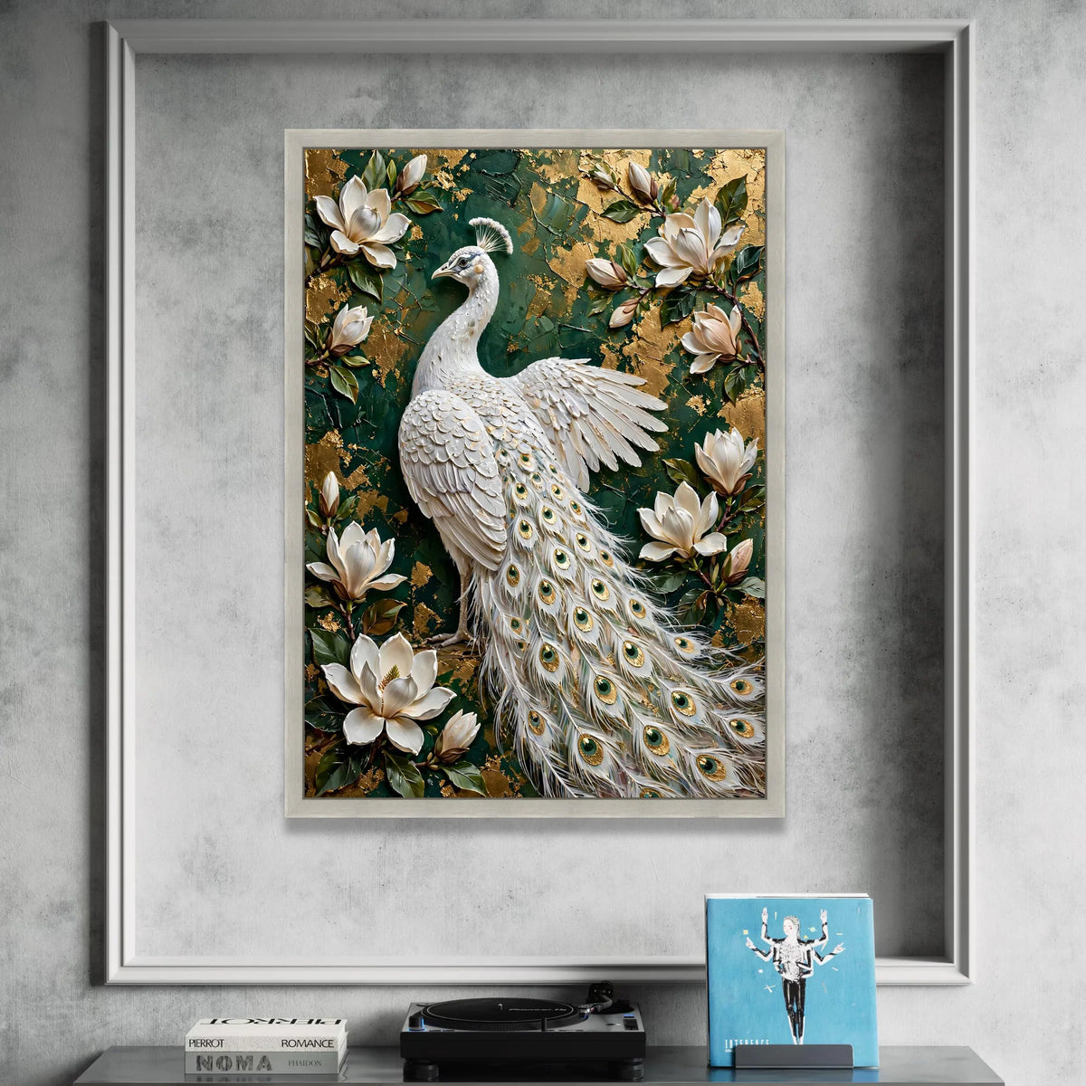 Elegant White Peacock Canvas Wall Art, Floral Magnolia Flowers, Green and Gold Background, Luxury Home Decoration, Ready to Canvas Print Art