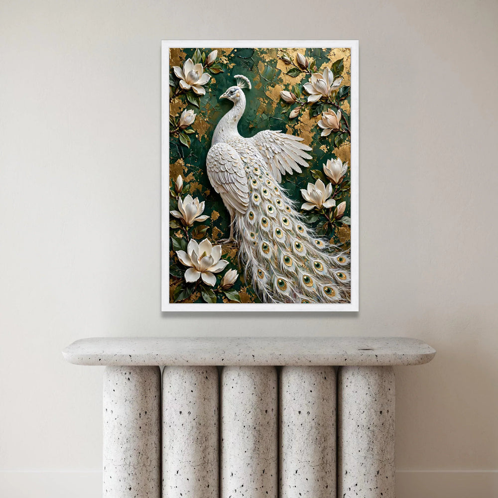 Elegant White Peacock Canvas Wall Art, Floral Magnolia Flowers, Green and Gold Background, Luxury Home Decoration, Ready to Canvas Print Art