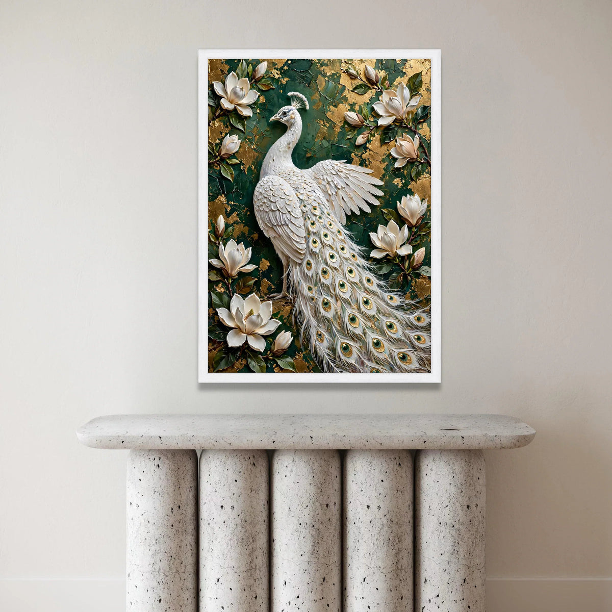 Elegant White Peacock Canvas Wall Art, Floral Magnolia Flowers, Green and Gold Background, Luxury Home Decoration, Ready to Canvas Print Art
