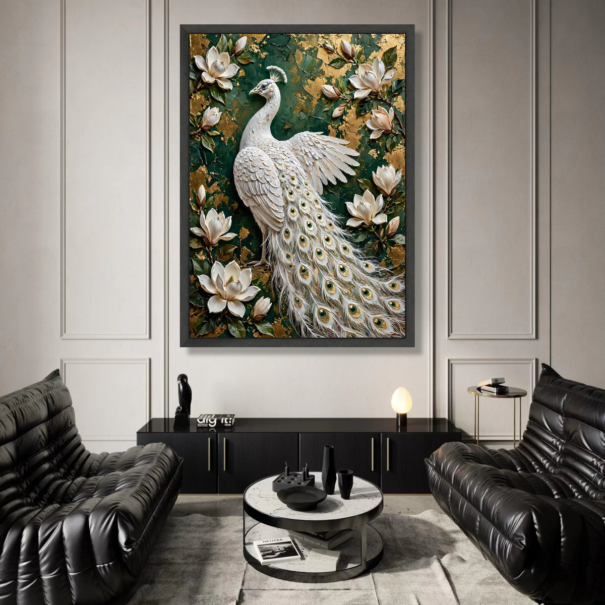 Elegant White Peacock Canvas Wall Art, Floral Magnolia Flowers, Green and Gold Background, Luxury Home Decoration, Ready to Canvas Print Art