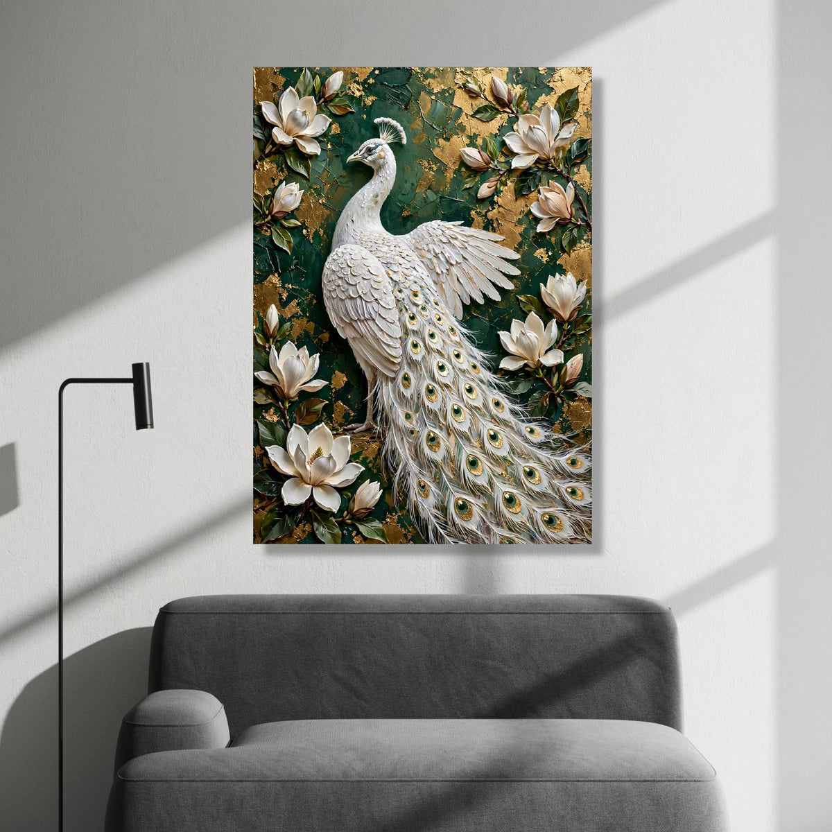 Elegant White Peacock Canvas Wall Art, Floral Magnolia Flowers, Green and Gold Background, Luxury Home Decoration, Ready to Canvas Print Art