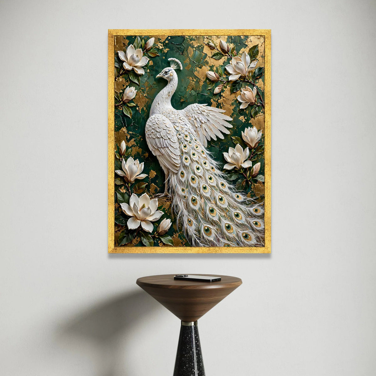 Elegant White Peacock Canvas Wall Art, Floral Magnolia Flowers, Green and Gold Background, Luxury Home Decoration, Ready to Canvas Print Art