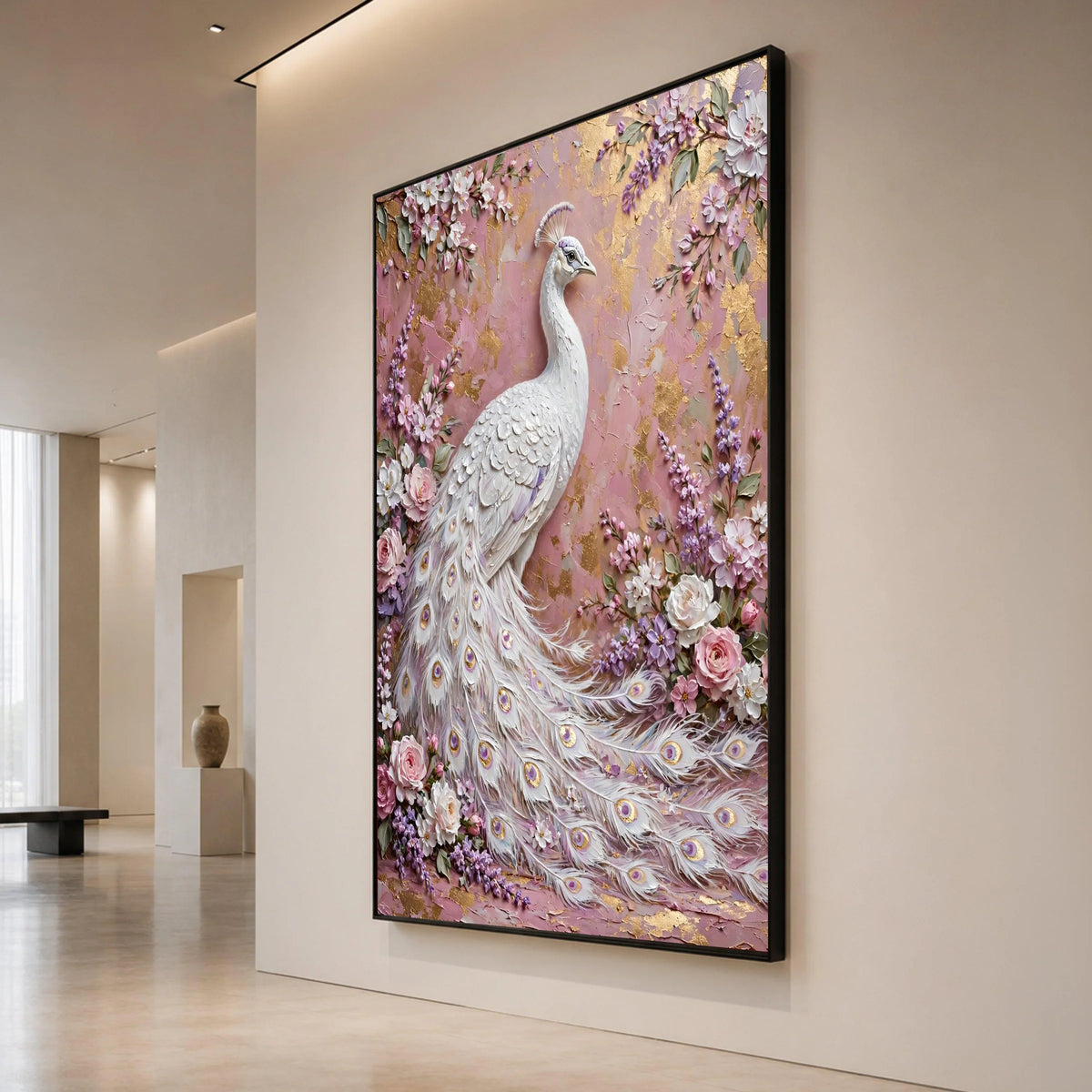 Elegant White Peacock Canvas Wall Art, Floral Garden Design, Pink and Purple Blossoms, Luxury Nature Decor, Ready to Hang Canvas Print Art