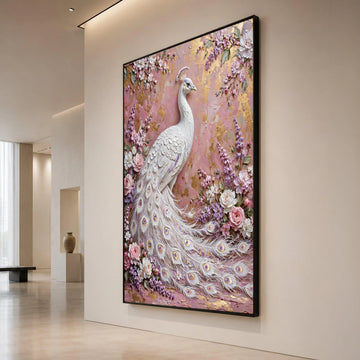 Elegant White Peacock Canvas Wall Art, Floral Garden Design, Pink and Purple Blossoms, Luxury Nature Decor, Ready to Hang Canvas Print Art
