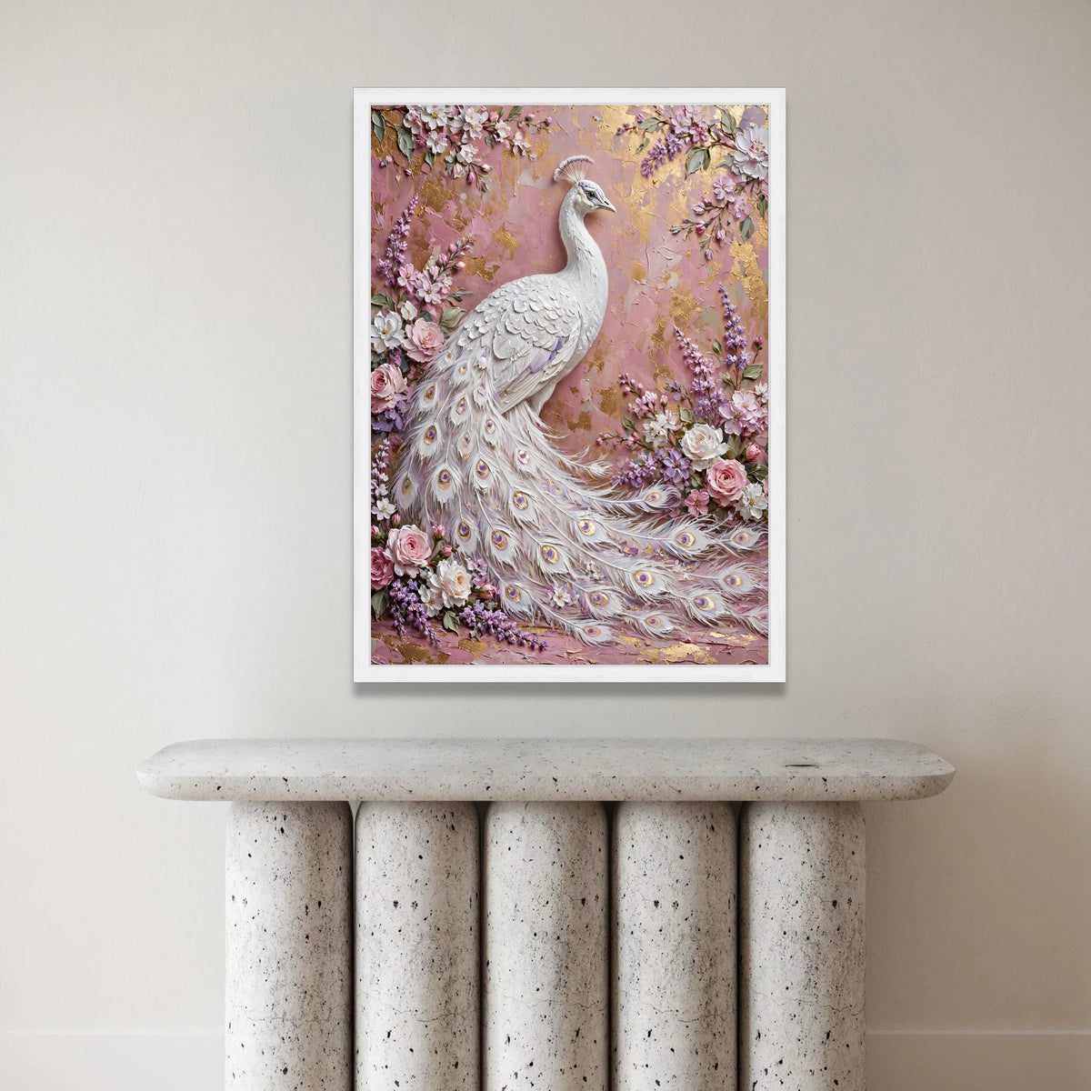 Elegant White Peacock Canvas Wall Art, Floral Garden Design, Pink and Purple Blossoms, Luxury Nature Decor, Ready to Hang Canvas Print Art