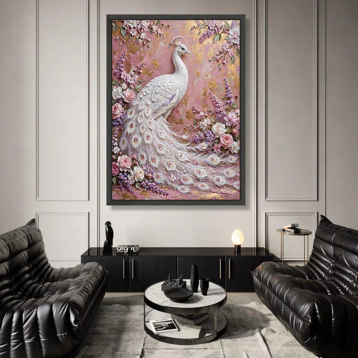 Elegant White Peacock Canvas Wall Art, Floral Garden Design, Pink and Purple Blossoms, Luxury Nature Decor, Ready to Hang Canvas Print Art