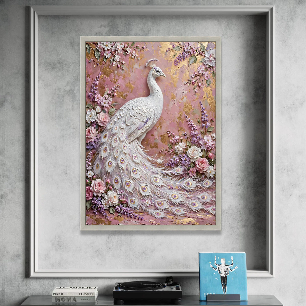Elegant White Peacock Canvas Wall Art, Floral Garden Design, Pink and Purple Blossoms, Luxury Nature Decor, Ready to Hang Canvas Print Art