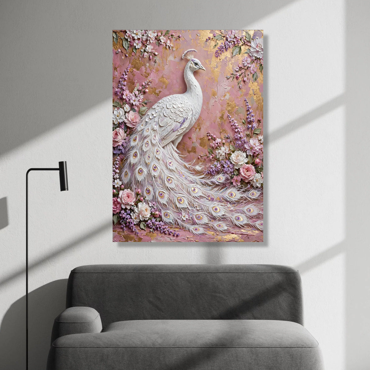Elegant White Peacock Canvas Wall Art, Floral Garden Design, Pink and Purple Blossoms, Luxury Nature Decor, Ready to Hang Canvas Print Art