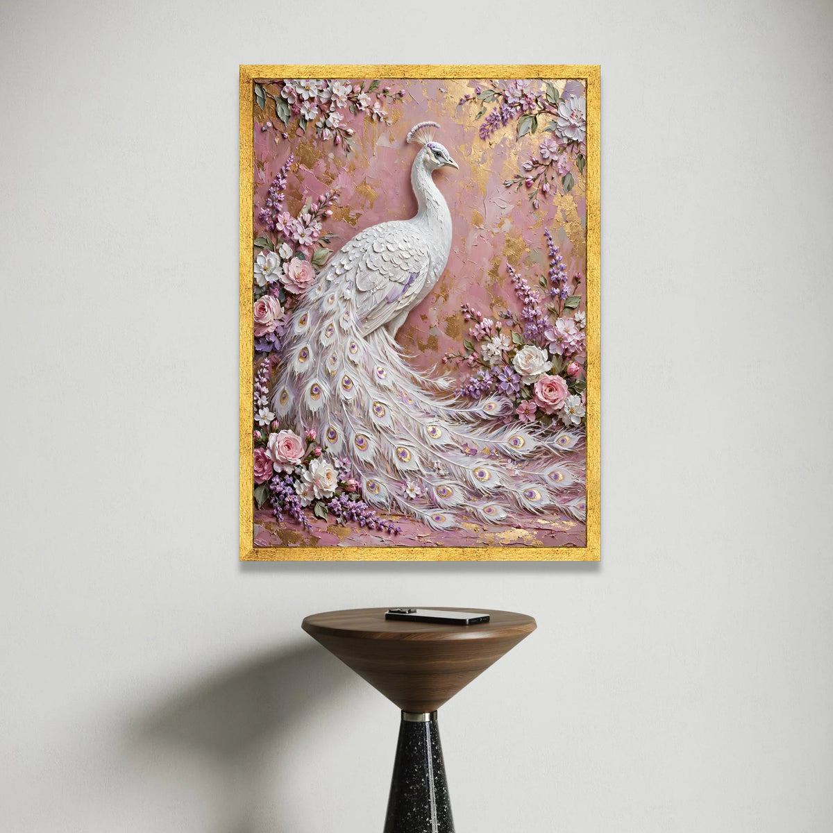Elegant White Peacock Canvas Wall Art, Floral Garden Design, Pink and Purple Blossoms, Luxury Nature Decor, Ready to Hang Canvas Print Art