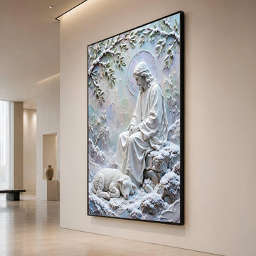 Peaceful Jesus with Sleeping Lamb, Spiritual Canvas Wall Art, Winter Religious Scene, Inspirational Christian Decoration Canvas Print Art