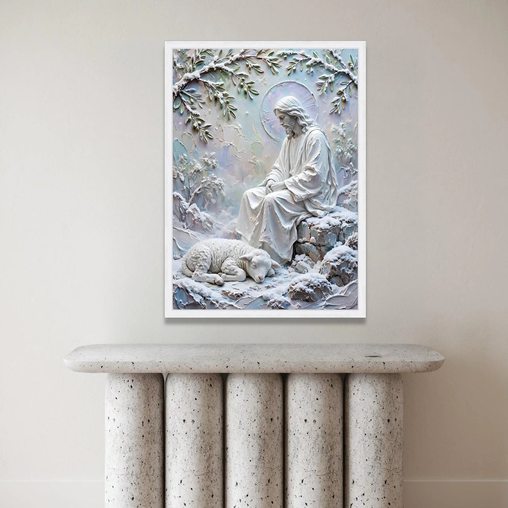 Peaceful Jesus with Sleeping Lamb, Spiritual Canvas Wall Art, Winter Religious Scene, Inspirational Christian Decoration Canvas Print Art