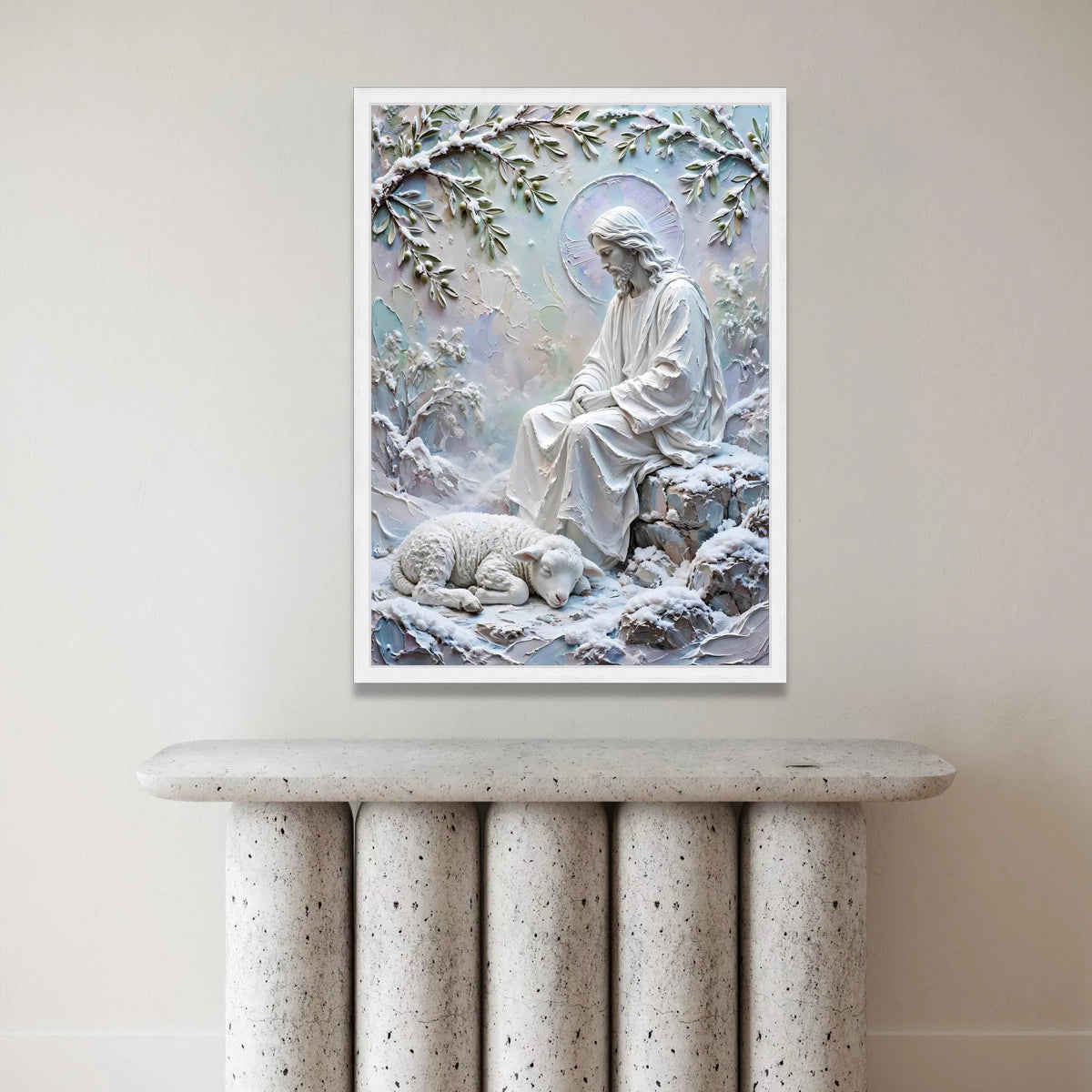 Peaceful Jesus with Sleeping Lamb, Spiritual Canvas Wall Art, Winter Religious Scene, Inspirational Christian Decoration Canvas Print Art