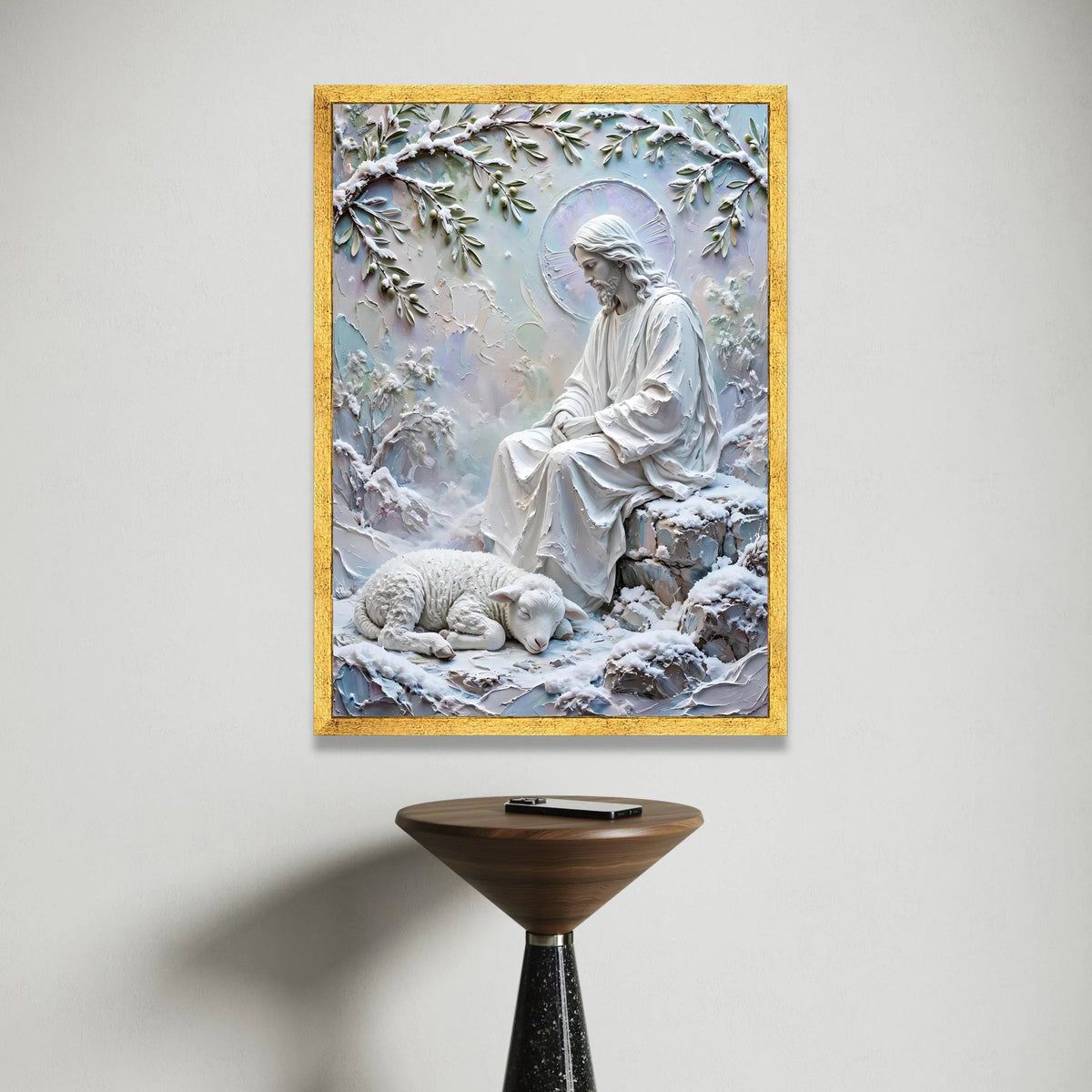 Peaceful Jesus with Sleeping Lamb, Spiritual Canvas Wall Art, Winter Religious Scene, Inspirational Christian Decoration Canvas Print Art