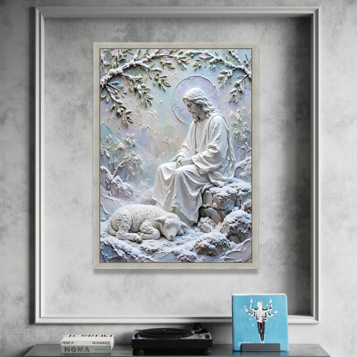 Peaceful Jesus with Sleeping Lamb, Spiritual Canvas Wall Art, Winter Religious Scene, Inspirational Christian Decoration Canvas Print Art