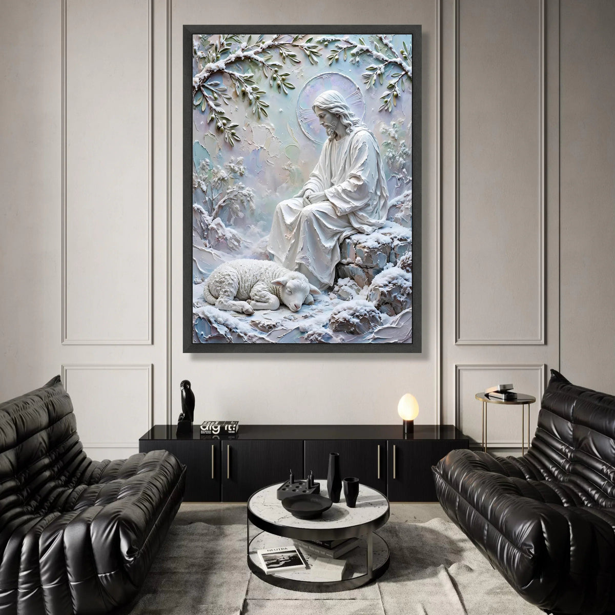 Peaceful Jesus with Sleeping Lamb, Spiritual Canvas Wall Art, Winter Religious Scene, Inspirational Christian Decoration Canvas Print Art