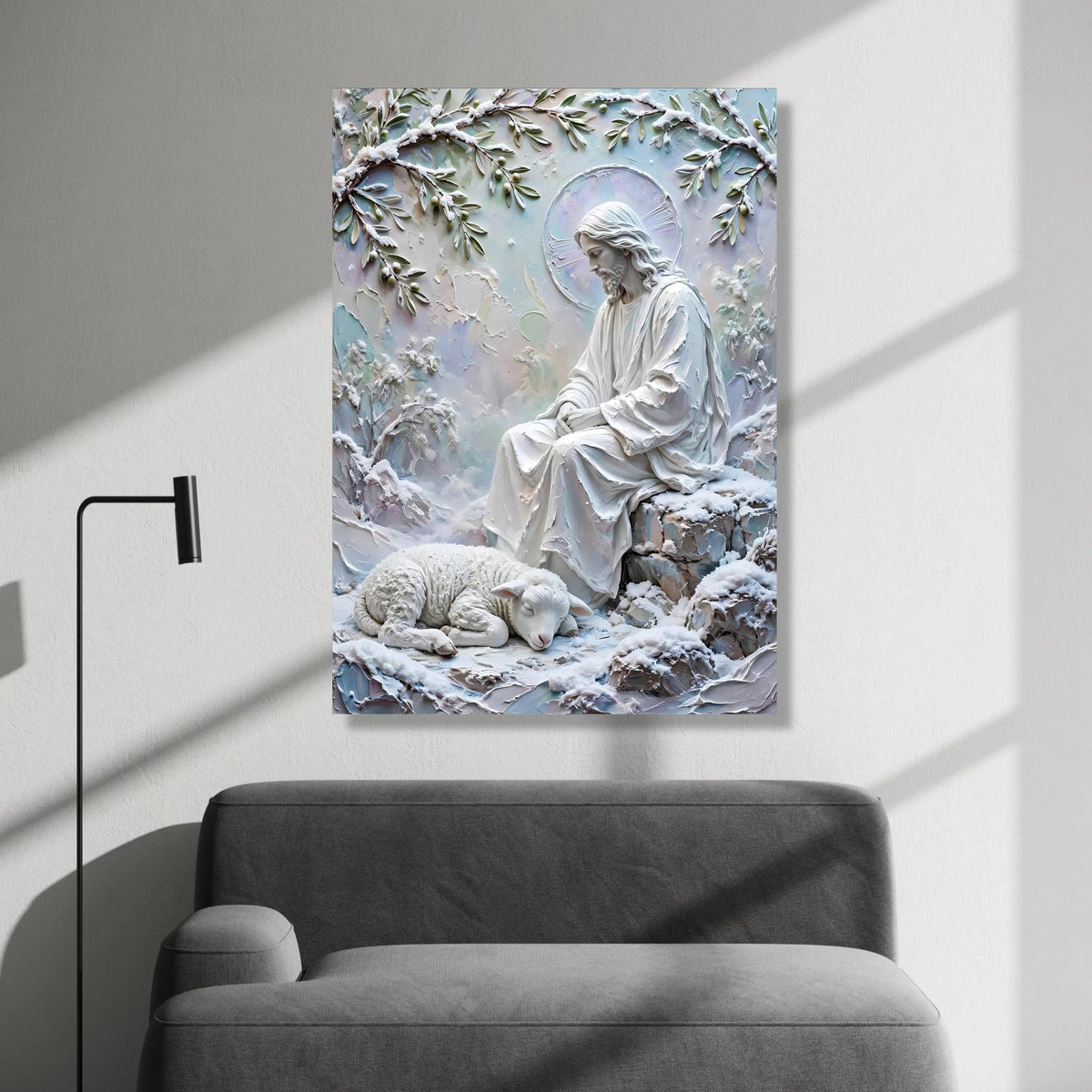 Peaceful Jesus with Sleeping Lamb, Spiritual Canvas Wall Art, Winter Religious Scene, Inspirational Christian Decoration Canvas Print Art