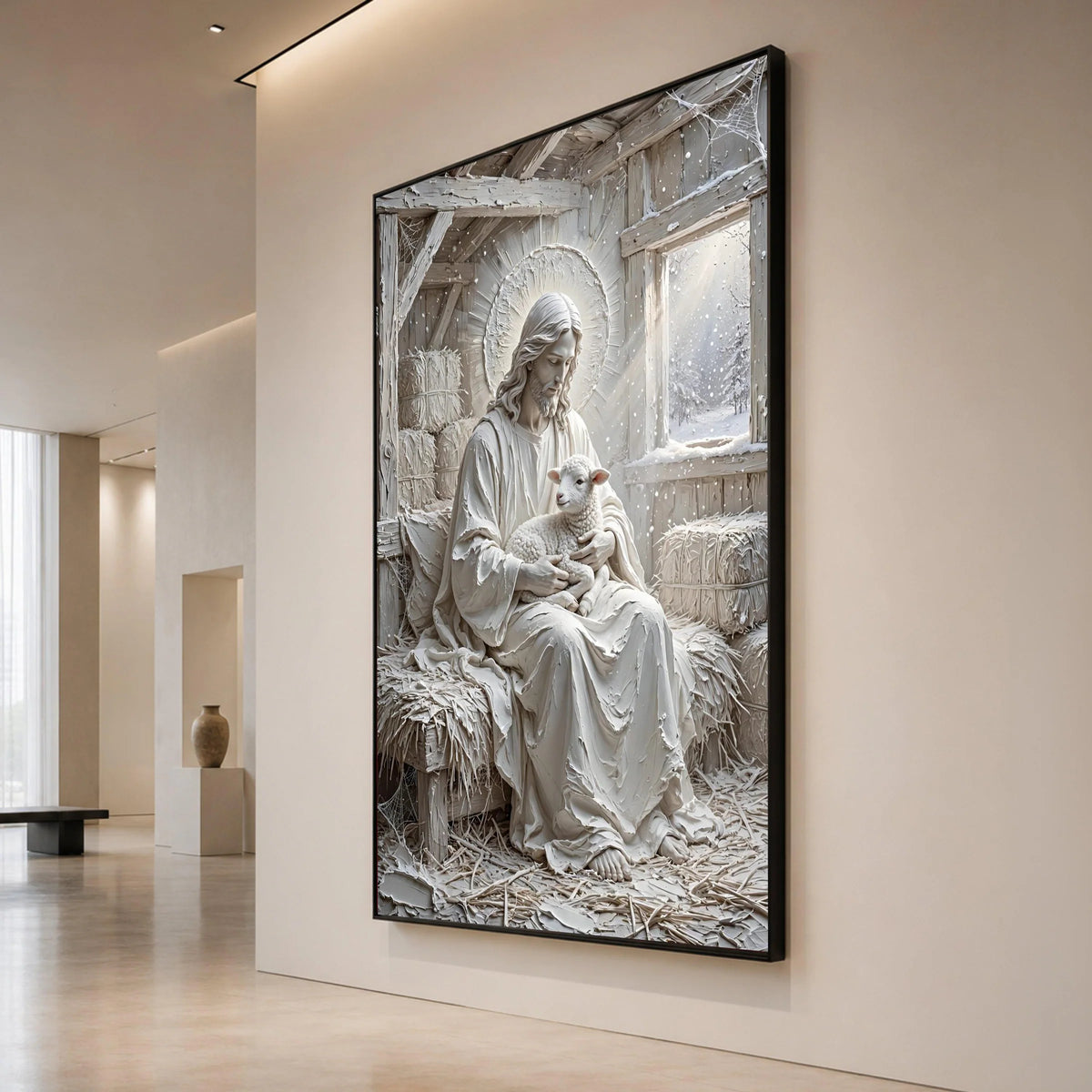 Gentle Shepherd Holding Lamb Canvas, Religious Wall Art, Peaceful Christian Home Decor, Spiritual Canvas Decoration Canvas Print Art