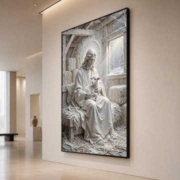 Gentle Shepherd Holding Lamb Canvas, Religious Wall Art, Peaceful Christian Home Decor, Spiritual Canvas Decoration Canvas Print Art