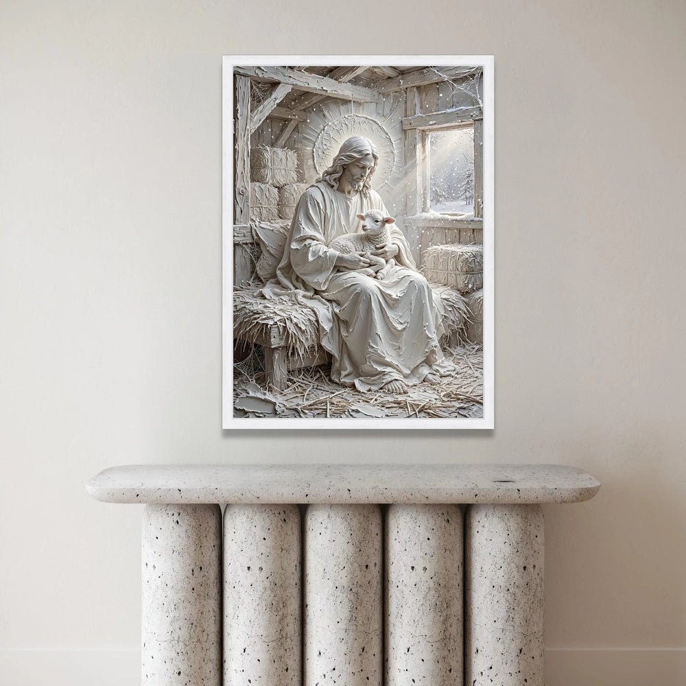 Gentle Shepherd Holding Lamb Canvas, Religious Wall Art, Peaceful Christian Home Decor, Spiritual Canvas Decoration Canvas Print Art
