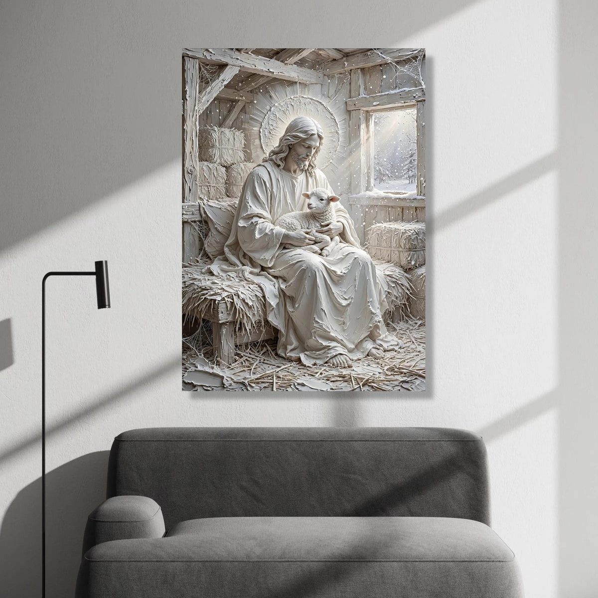 Gentle Shepherd Holding Lamb Canvas, Religious Wall Art, Peaceful Christian Home Decor, Spiritual Canvas Decoration Canvas Print Art