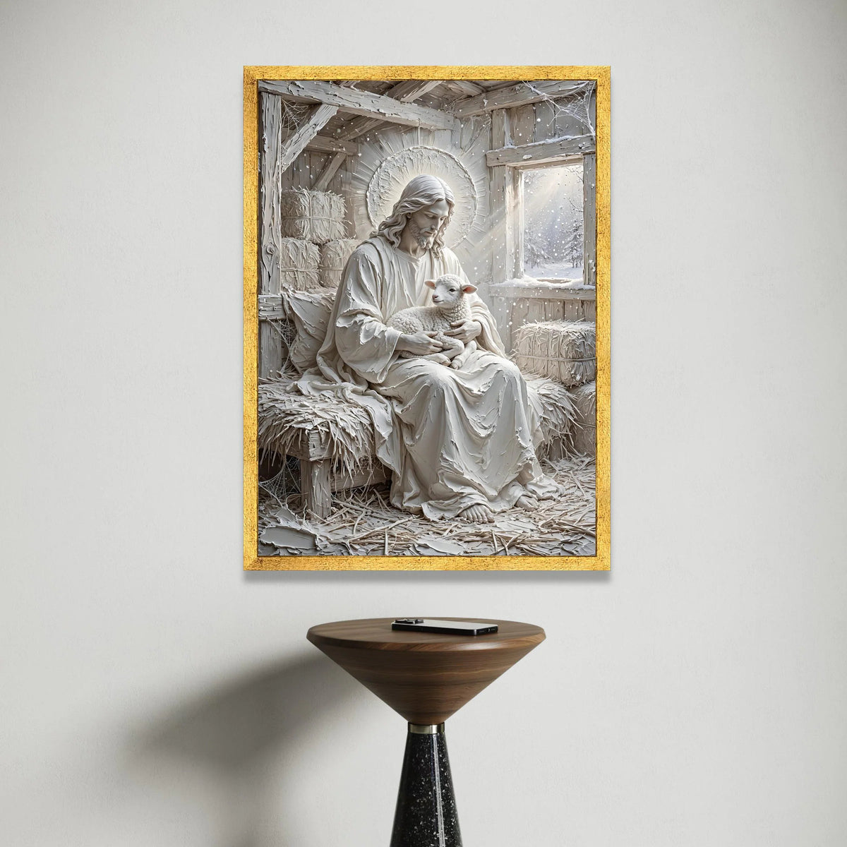 Gentle Shepherd Holding Lamb Canvas, Religious Wall Art, Peaceful Christian Home Decor, Spiritual Canvas Decoration Canvas Print Art