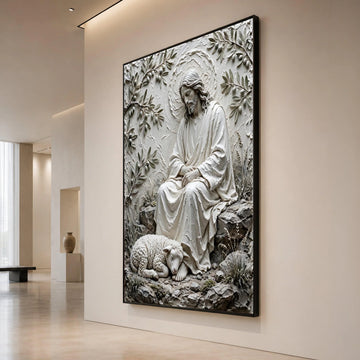 Serene Jesus and Lamb Canvas, Religious Wall Art, Spiritual Home Decor, Christian Faith Illustration, Peaceful Nature Canvas Print Art