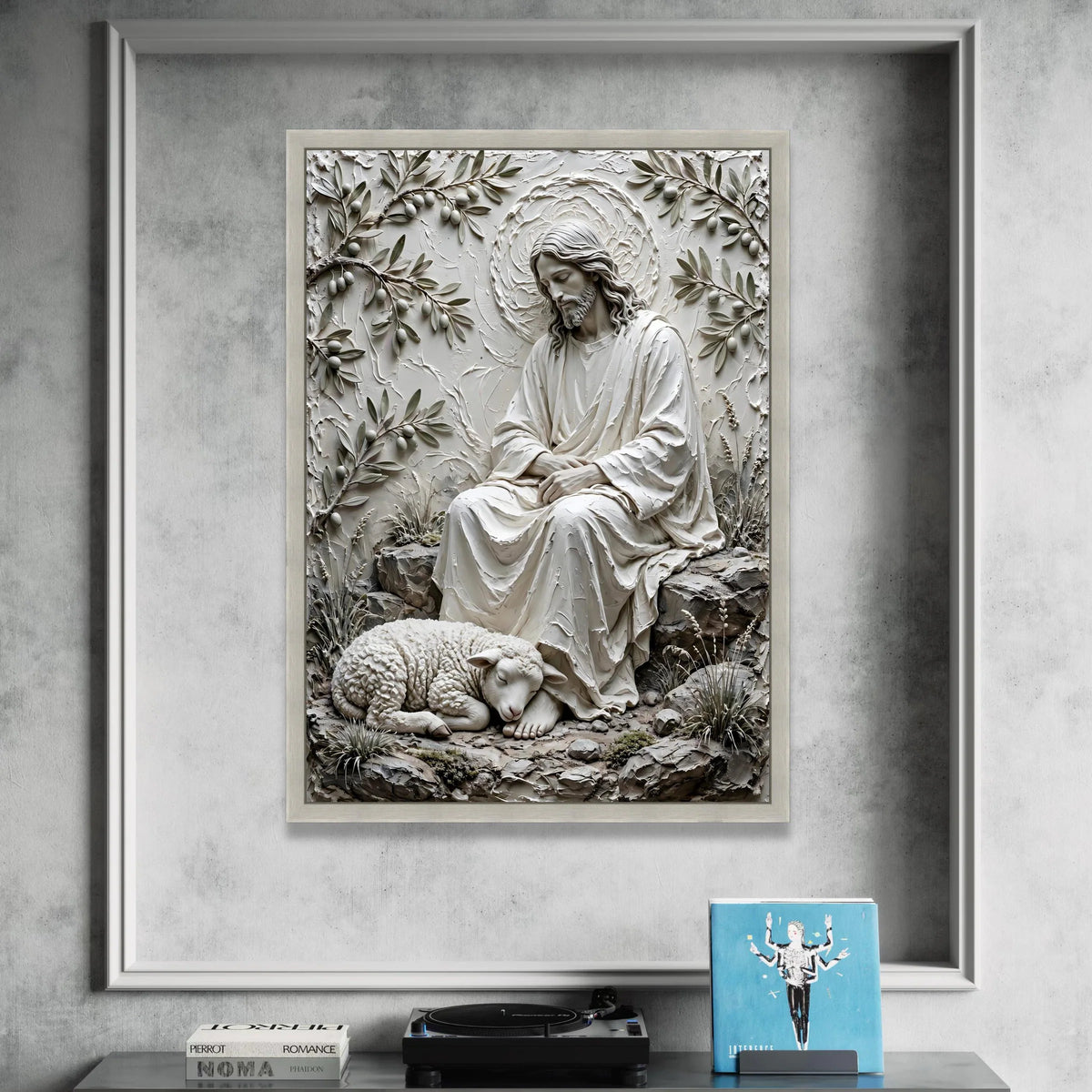 Serene Jesus and Lamb Canvas, Religious Wall Art, Spiritual Home Decor, Christian Faith Illustration, Peaceful Nature Canvas Print Art