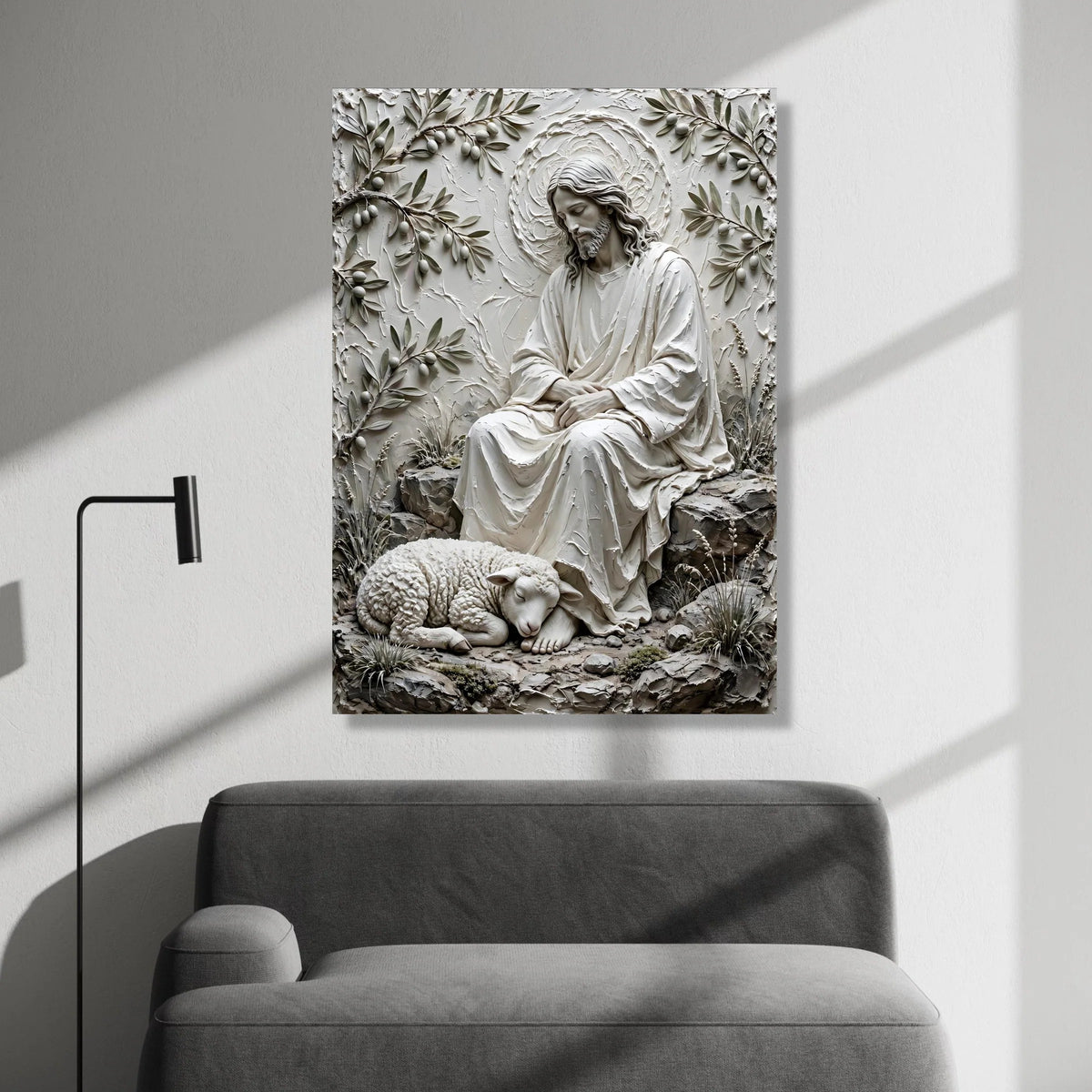 Serene Jesus and Lamb Canvas, Religious Wall Art, Spiritual Home Decor, Christian Faith Illustration, Peaceful Nature Canvas Print Art