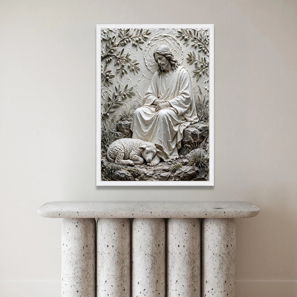 Serene Jesus and Lamb Canvas, Religious Wall Art, Spiritual Home Decor, Christian Faith Illustration, Peaceful Nature Canvas Print Art