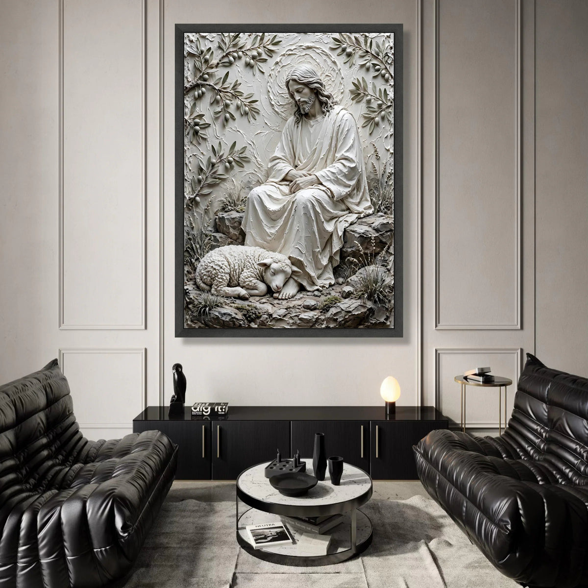 Serene Jesus and Lamb Canvas, Religious Wall Art, Spiritual Home Decor, Christian Faith Illustration, Peaceful Nature Canvas Print Art