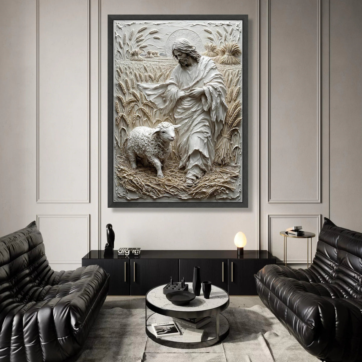 Shepherd with Lamb Canvas Wall Art, Religious Christian Home Decor, Wheat Field Landscape, Spiritual Canvas Printing, Farm Canvas Print Art