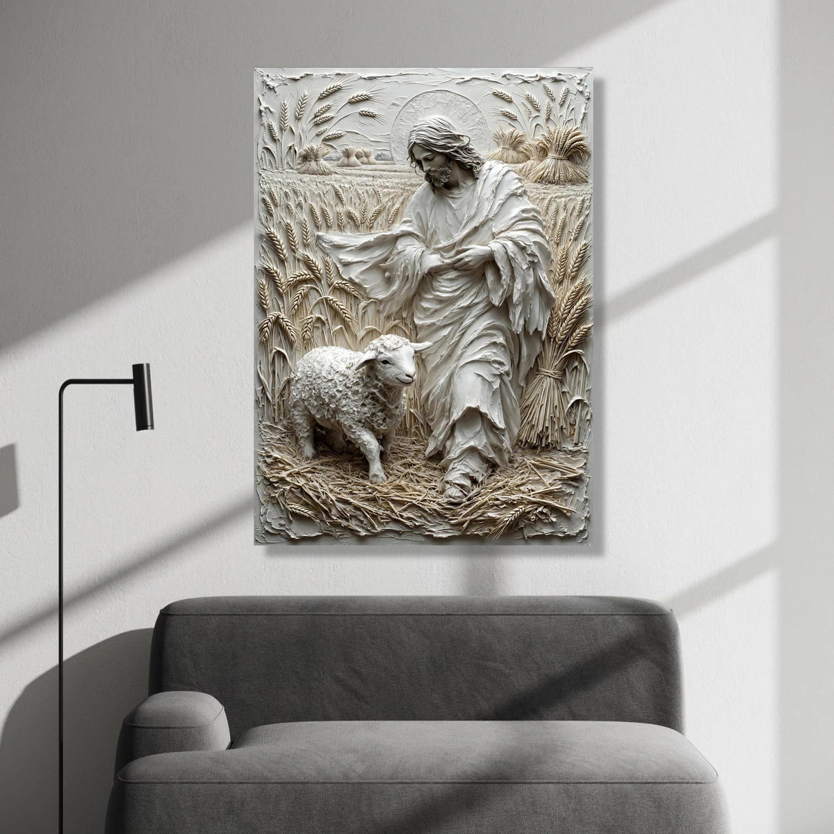 Shepherd with Lamb Canvas Wall Art, Religious Christian Home Decor, Wheat Field Landscape, Spiritual Canvas Printing, Farm Canvas Print Art