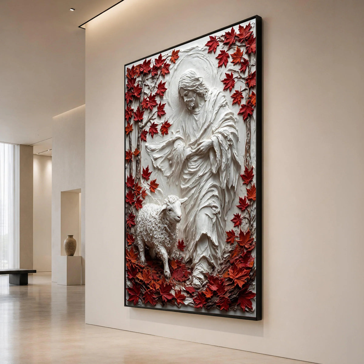Jesus Shepherd Canvas Wall Art, Religious Lamb and Maple Leaves, Spiritual Home Decoration, Faith Canvas Print Canvas Print Art